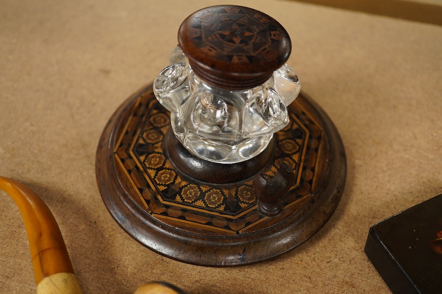 Sundry items to include a Tunbridge ware inkwell, a yellow metal inlaid box and a pipe with amber mouthpiece, largest 15cm. Condition - fair/good